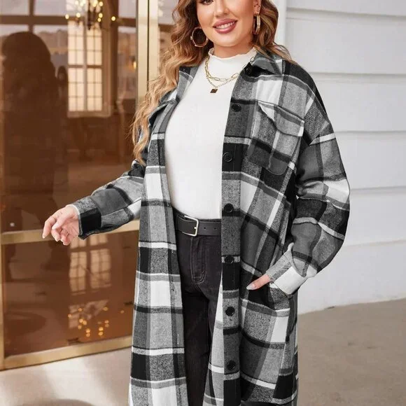 Womens Plus Size Flannel Plaid Shirts Lounge Lapel Button Down Tartan Coats - Picture 3 of 4